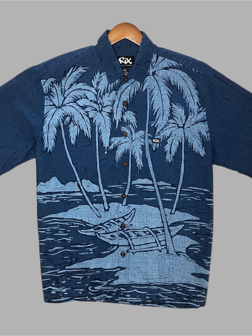 Rix Men’s XL Monochrome Blue Tropical Cotton Button Down Short Sleeve Hawaii